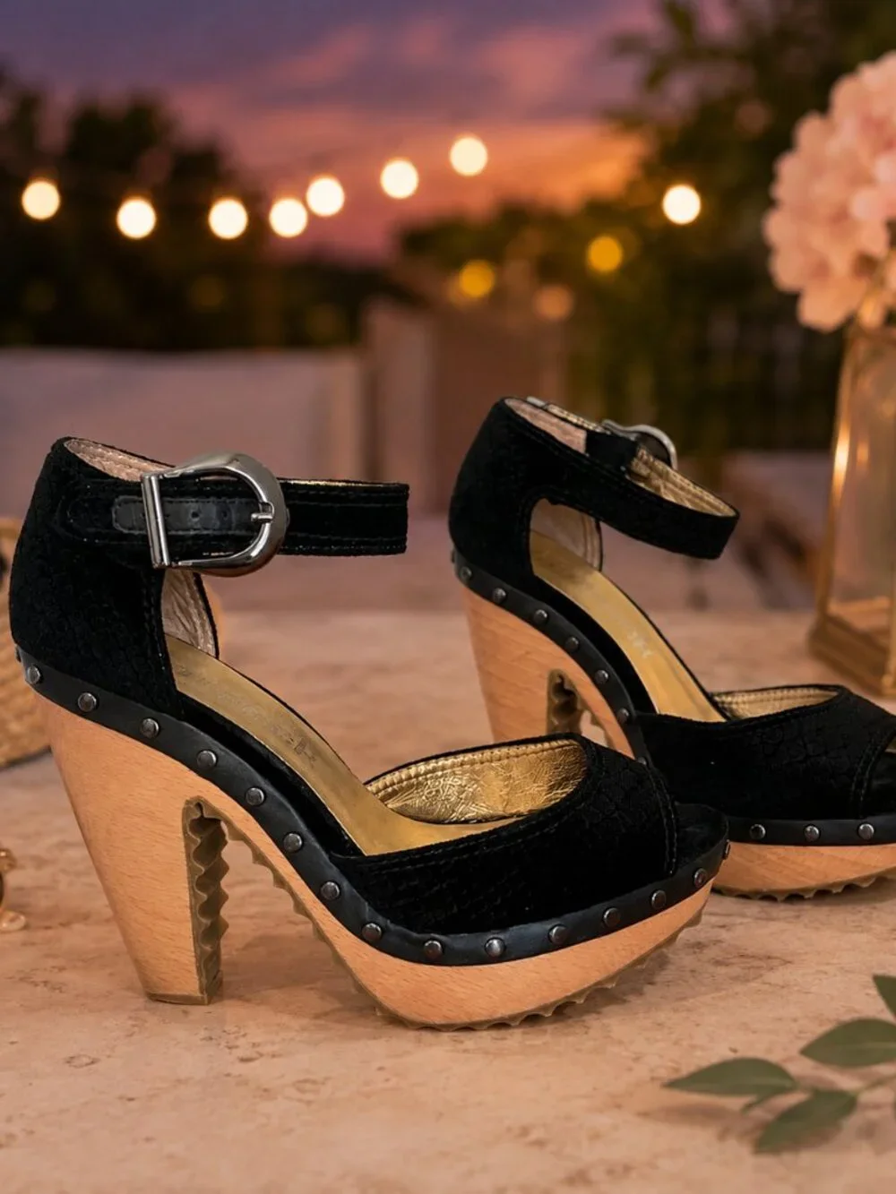 daniblack Black Snakeskin-Pattern Velvet Platform Sandals | Size 7